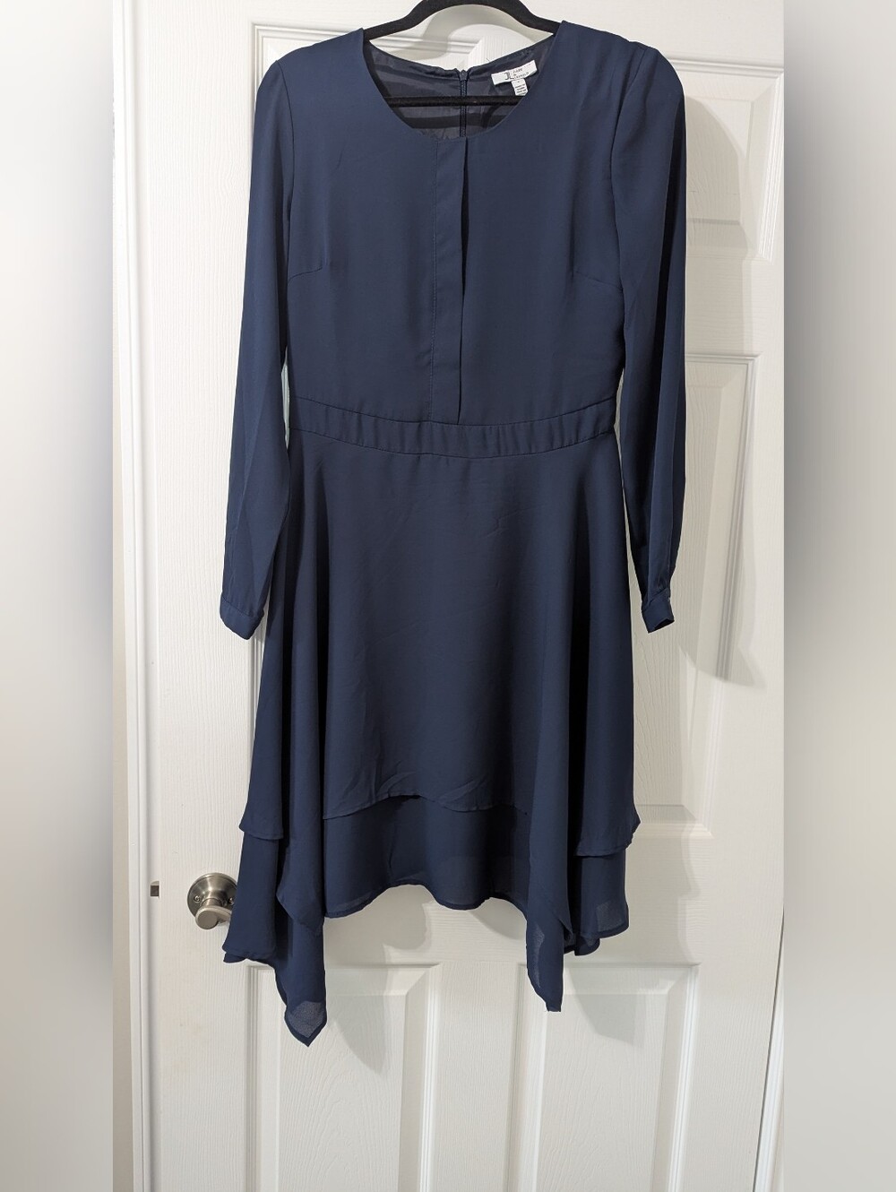 Jules & Leopold Navy Long-Sleeve Handkerchief Hem Dress
